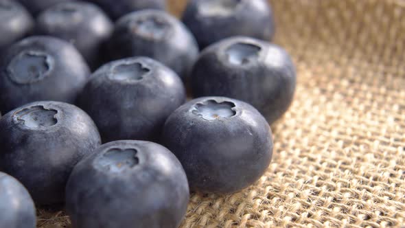 Blueberries on a rustic burlap surface. Fresh ripe bilberry berries close up. Macro