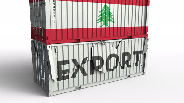 Container with EXPORT Text Being Crashed with Container with Flag of Lebanon alt