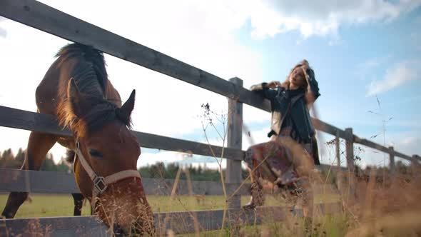 Stylish Lady Adjusting Hair Near Eating Horse