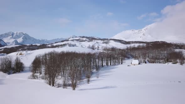 Aerial view of  Winter landscape mountain countryside in Montenegro, Zhabljak village