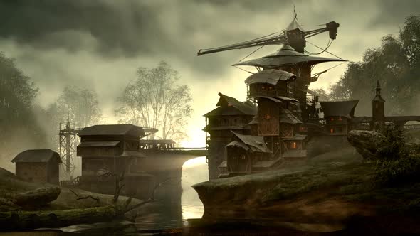 Fantasy settlement with a bridge over the flowing creek. Fabulous scenery. HD