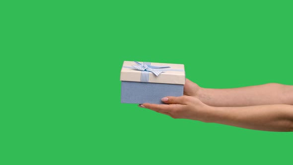 Female Hands Giving a Blue White Gift Box on the Background of a Green Screen Chroma Key