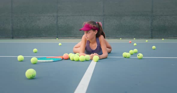 Girl Laying on the Court Among Tennis Balls and Racket