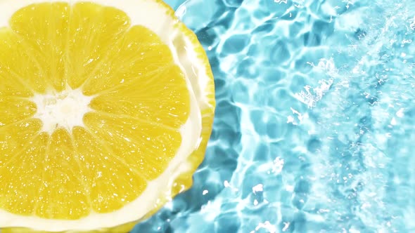 Macro Orange Fruit Slice and Blue Water Surface Texture with Ripples and Splash