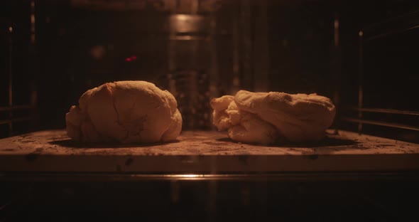 Close Up View of Two Pieces of Homemade Dough Rising in the Oven