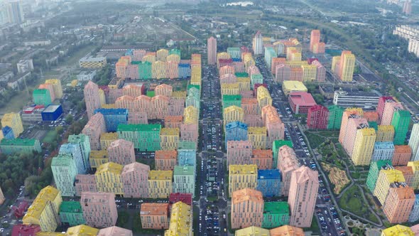 Top view of the colorful modern buildings, aerial footage from the drone on Comfort Town.