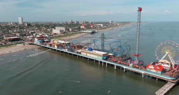 Aerial view of Pier off the coastal area of Galveston Island Texas