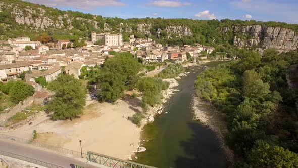 Aerial travel drone view of Balazuc, Southern France.