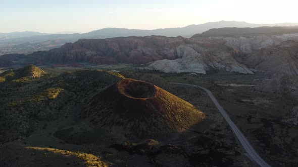 Aerial jib drone view of a dormant volcano in St. George, Utah.  Unique desert landscape.