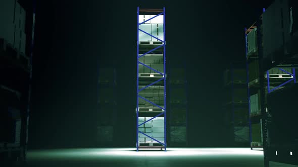 Forklift with a stack of cardboard boxes on a wooden pallet in the warehouse.