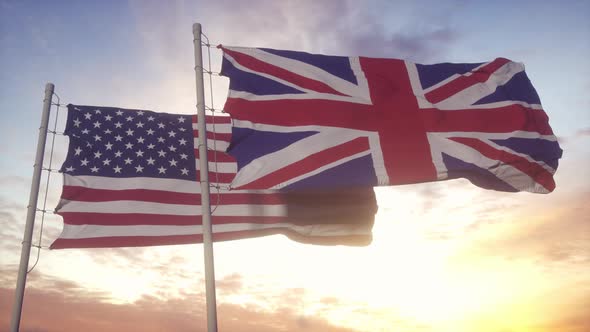 USA and United Kingdom Flag on Flagpole
