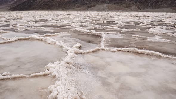 Badwater Basin, Death Valley National Park. California, USA. Steadicam Shot of Salt Crust Formations