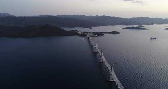 Aerial view of Peljeski bridge crossing the Bay of Mali Ston in Croatia.