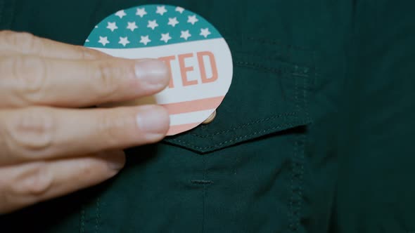 Anonymous Man with Election Campaign Vote Pin. Close-up View