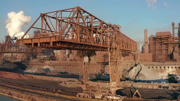  Camera Motion View of Industrial Working Crane Bridge.