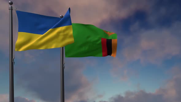 Zambia Flag Waving Along With The National Flag Of The Ukraine - 2K