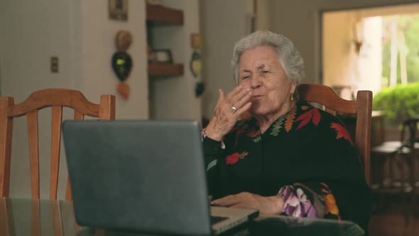 Aged woman talking with relatives at laptop