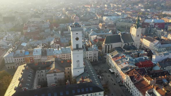 Aerial Drone Video of Lviv Old City Center - Roofs and Streets, City Hall Ratusha