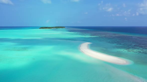 Aerial drone view abstract of exotic resort beach break by clear ocean and white sandy background of