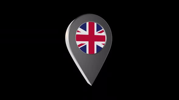 3d Animation Map Pointer With United Kingdom Flag With Alpha Channel - 2K