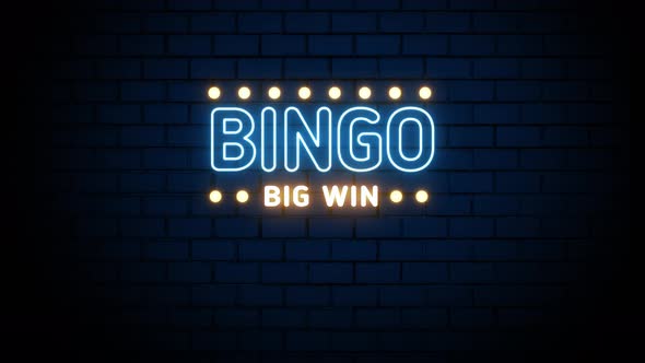 Bingo Big Win Neon Sign on Brick Wall Background 4K