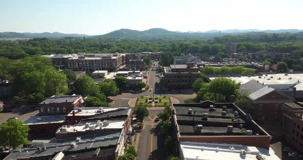 Downtown Franklin, Tennessee with drone video moving forward.