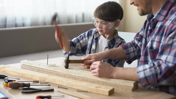 Joyful Father and Son Hammering Nail in Wooden Plank, Family Leisure, Support