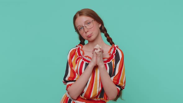 Redhead Girl Child Kid Praying Looking Upward and Making Wish Asking for Help  Begging Apology