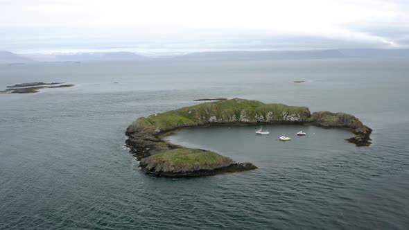 Aerial View Of Ships Dock On Small Island Harbor In Flatey Island, Breidafjordur Bay, Iceland