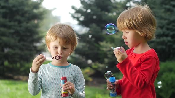 Two Beautiful Sisters Are Blowing Bubbles in the Park, Slow Motion. Close Up