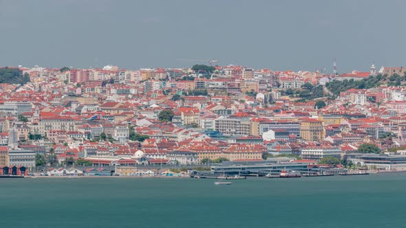 Panorama of Lisbon Historical Centre Aerial Timelapse Viewed From Above the Southern Margin of the