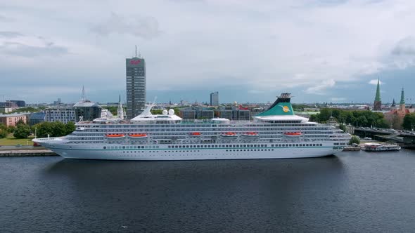 Beautiful Cruise Ship Docked in Riga Latvia Near the Old Town and the Bridge