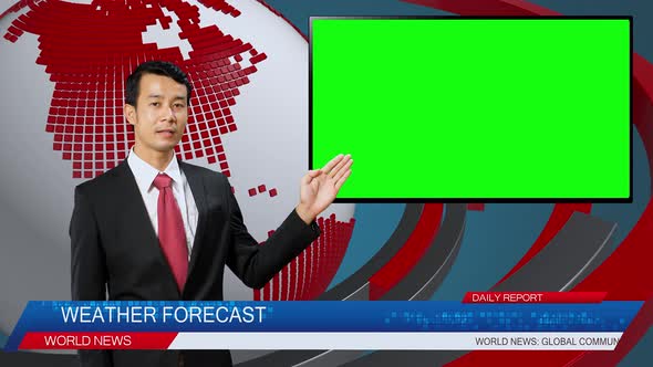 Male Anchor Reporting On The Weather Forecast, Video Story Show Green Chroma Key Screen