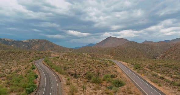 Panorama View of Mountains Desert in the Middle of the Highway of Arizona