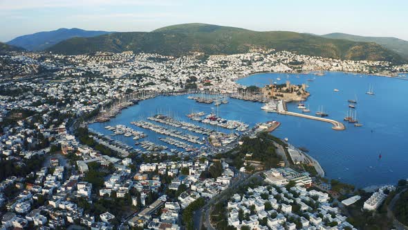 Aerial View of Marina Harbor in Bodrum, Turkey. Luxury Yachts Are in the Seaport Surrounded By Hilly
