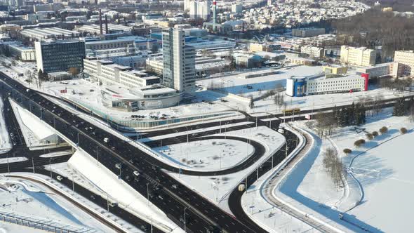 Top View of the Winter Independence Avenue in Minsk