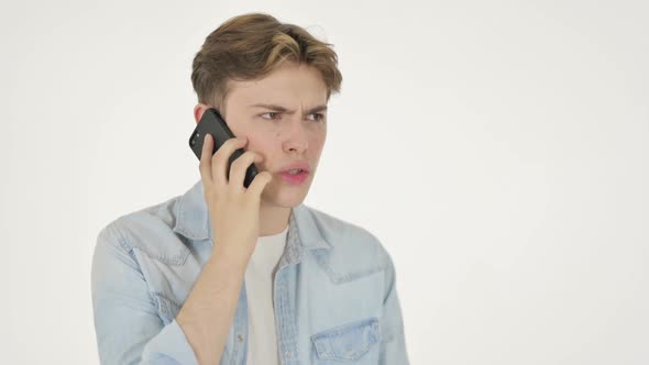 Aggressive Young Man Angry on Smartphone on White Background