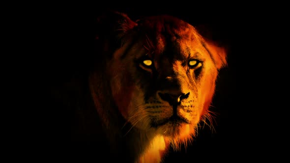 Lioness Looking Around In Flames Abstract