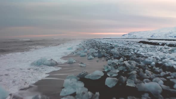 Aerial View of a Diamond Beach and Many Ice Floes. Iceland