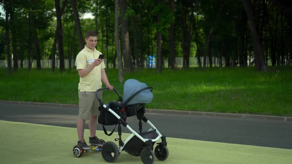 A Young Man Rides a Gyroscooter with a Stroller in the Park