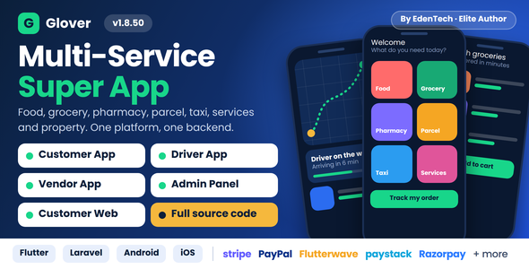GLOVER – Multi-Service Super App Platform for Food, Grocery, Pharmacy, Parcel, Ride Hailing & More