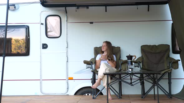 Tourist Woman Sitting Near Trailer Enjoy Freedom