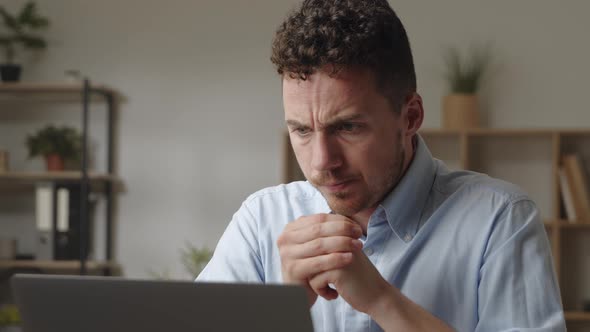 Stressed Nervous Young Man in Shirt Work on Laptop Makes Deadline Urgent Task Feels Exhausted