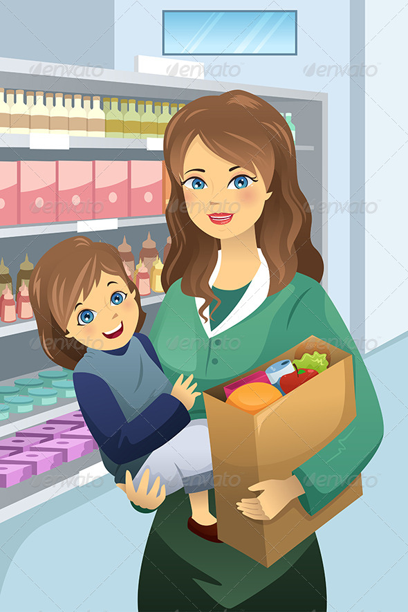 Mother Carrying Child and Groceries