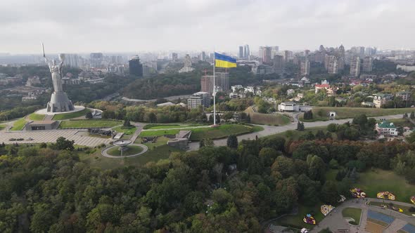 Aerial View of the Flag of Ukraine in Kyiv. Slow Motion. Kiev