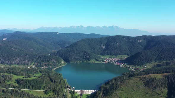 Aerial view of the Palcmanska Masa reservoir in the village of Dedinky in Slovakia