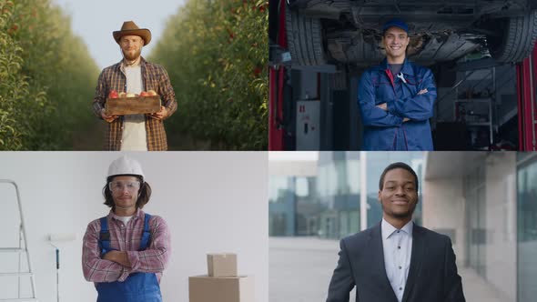 Creative Collage of Four Diverse Men Wearing Uniforms Gardener Auto Mechanic Builder and Businessman