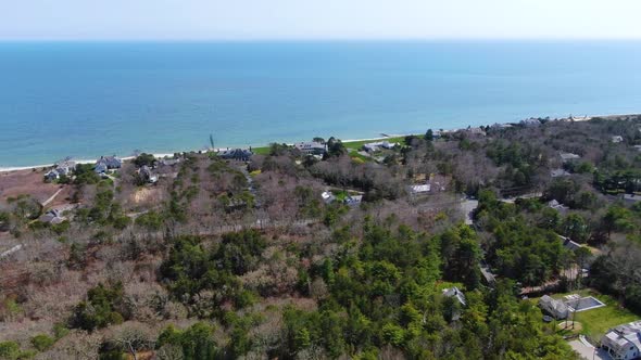 Osterville township near Atlantic ocean coastline, aerial view