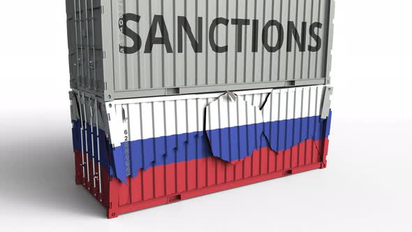 Container with SANCTIONS Text Breaks Container with Flag of Russia