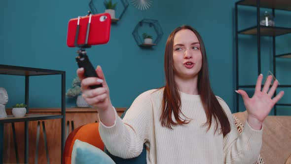 Girl Blogger Influencer Taking Selfie on Smartphone Make Virtual Social Media Video Online at Home